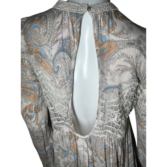 Free People M Lace & Paisley Long Sleeve Mini Dress Boho Summer Festival Medium - Picture 8 of 15